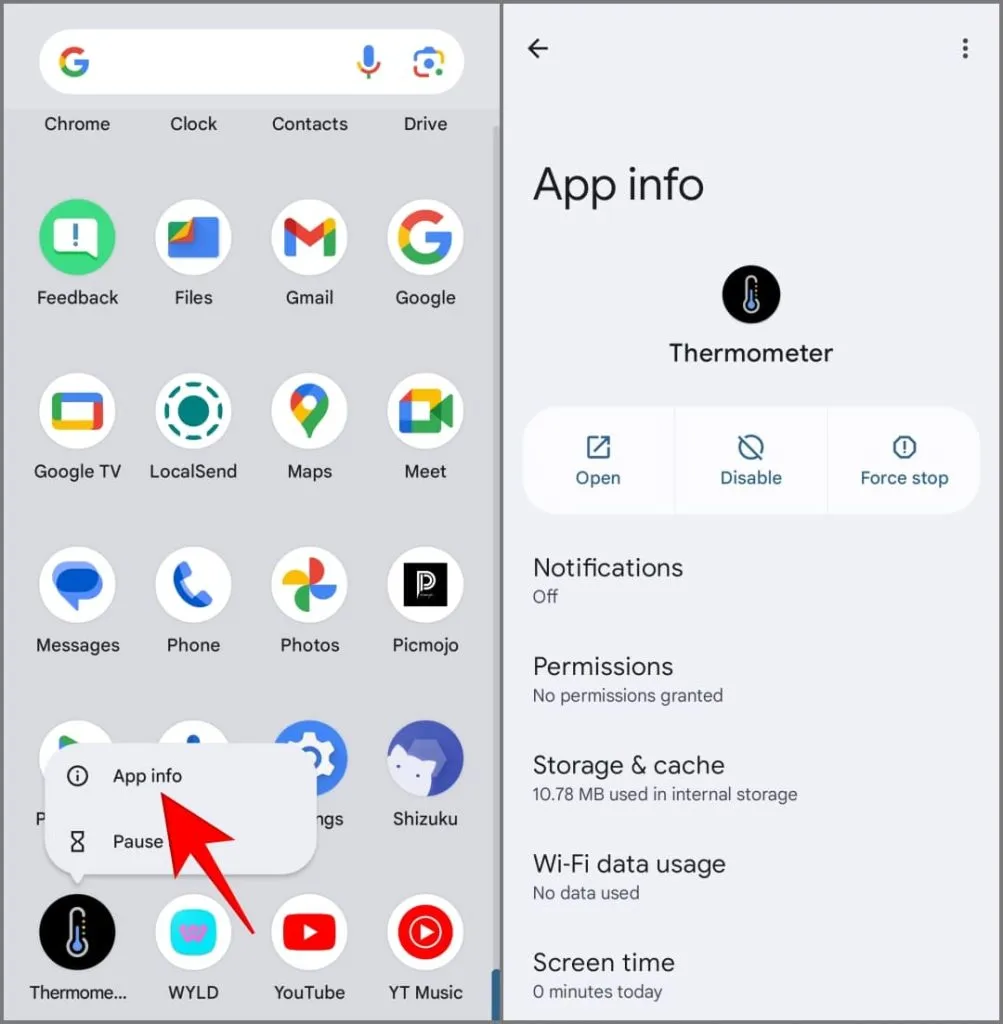 Thermometer App Info-side på Pixel 8 Pro