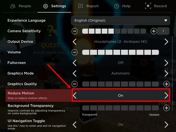 Включи уменьшение движения в роблоксе