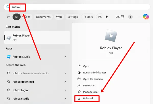 Skriv roblox i søgefeltet i Windows