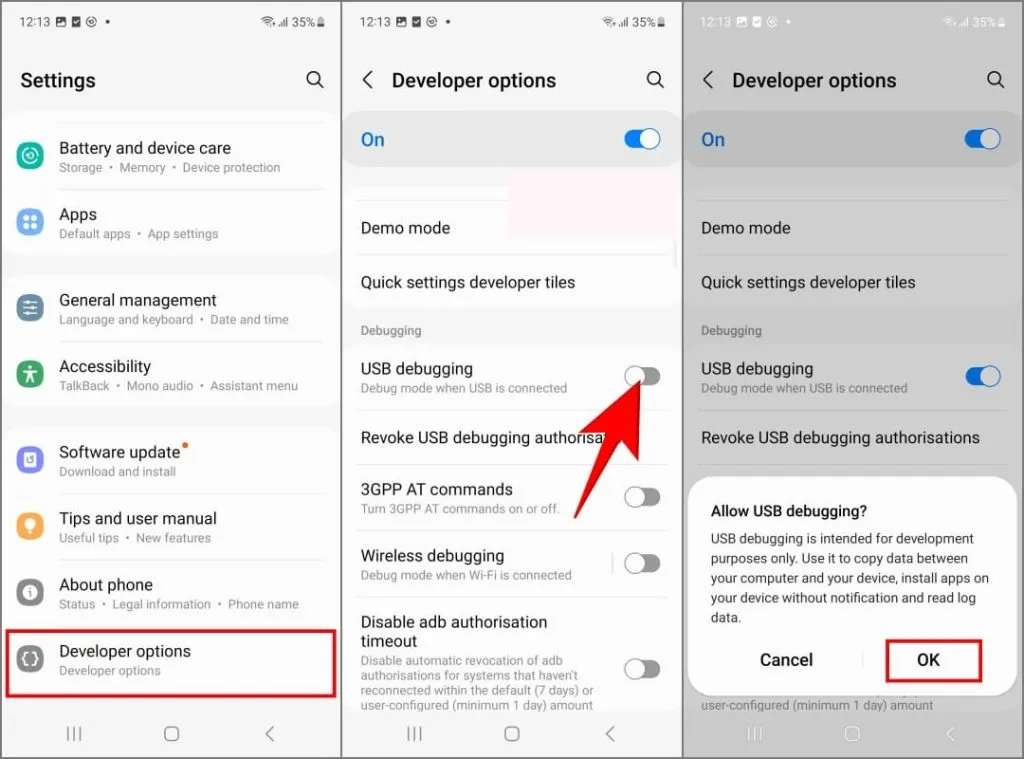 Habilite a depuração USB nas opções do desenvolvedor no telefone Samsung Galaxy