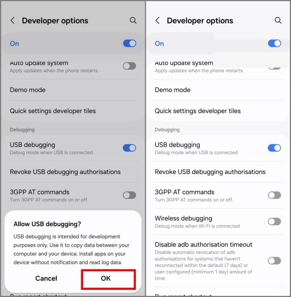 Samsung Galaxy 휴대폰 개발자 설정의 USB 디버깅 옵션