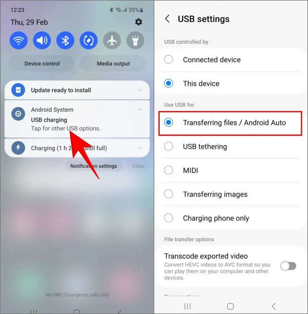 Configuración de USB en un teléfono Samsung Galaxy con One UI 6.1