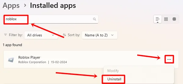 Odinstalujte aplikaci Roblox ve Windows
