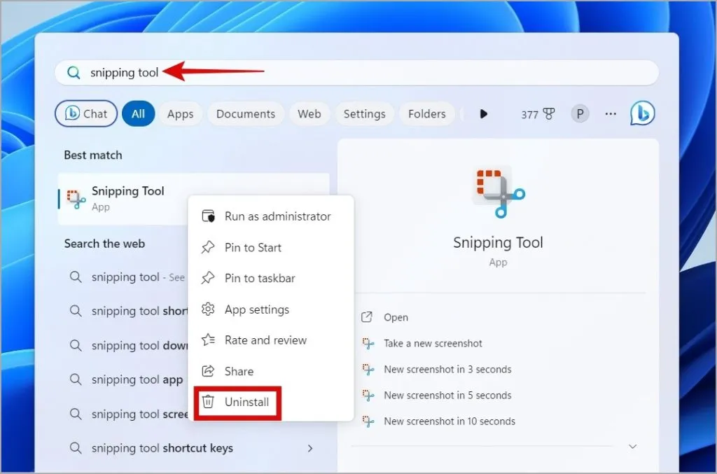 Afinstaller Snipping Tool fra Windows 11