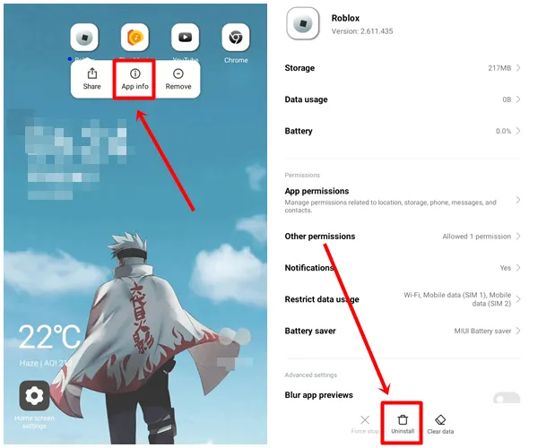 Odinstalujte aplikaci roblox pro Android
