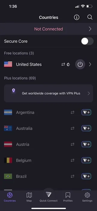 interface principale du ProtonVPN