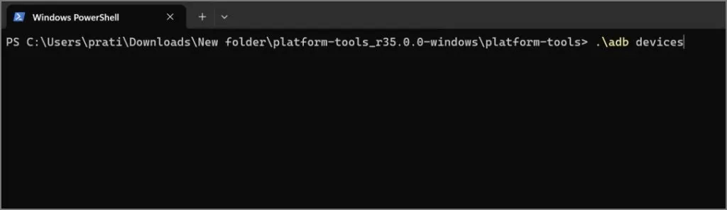 Befehl „adb devices“ in Windows Powershell unter Windows 11