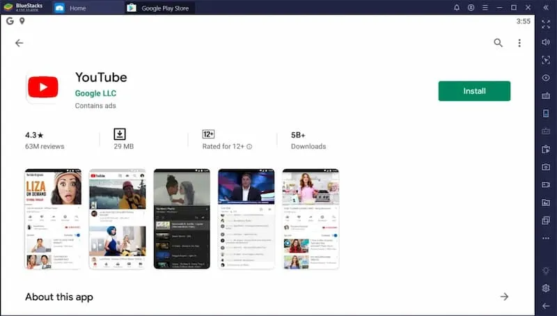 Įdiekite youtube į bluestacks