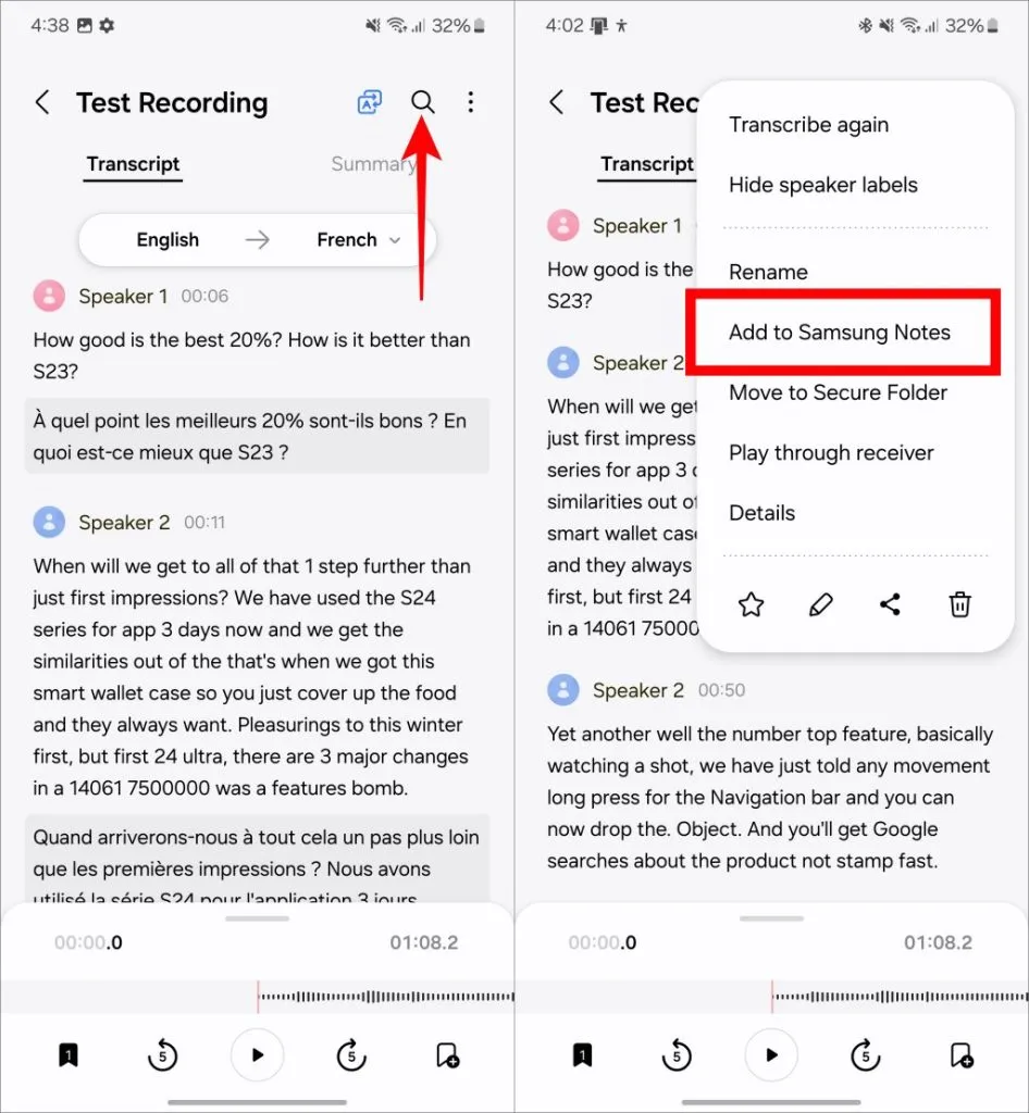 Rechercher des mots dans la transcription. Ajouter aux notes Samsung