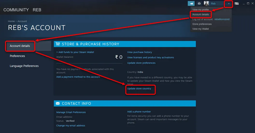 Cambiar el país de la tienda en Steam