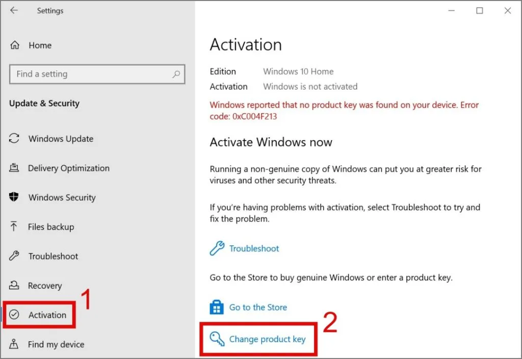 Klikněte na změnit kód Product Key Windows 10