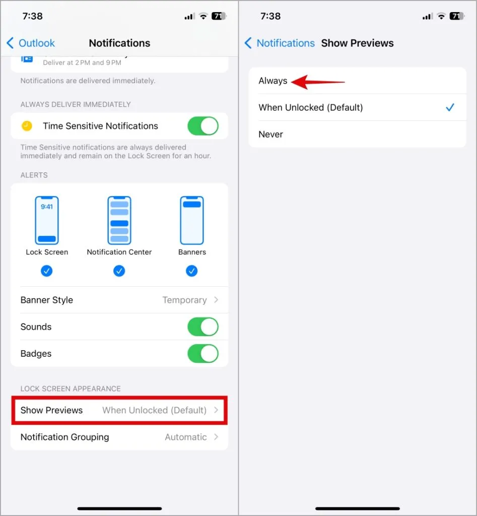 Configure o Outlook para mostrar visualização de notificação no iPhone