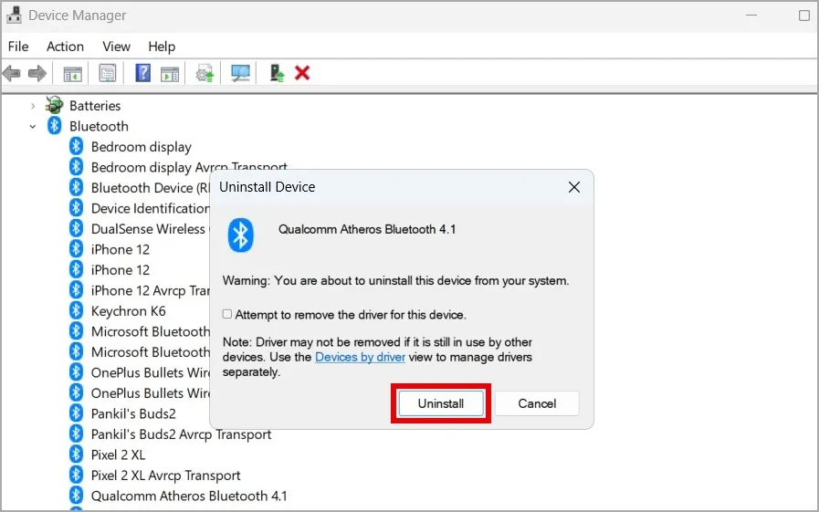 Confirmez la désinstallation du pilote Bluetooth sous Windows 11