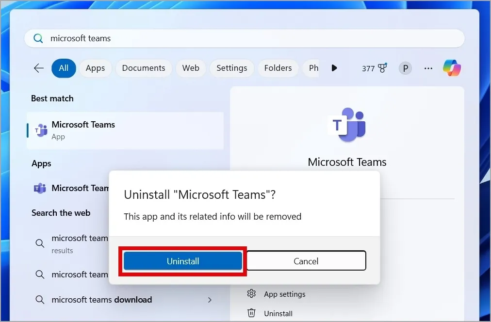 Bekreft avinstaller Teams-appen på Windows