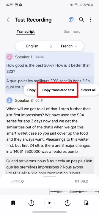 Copier le texte traduit