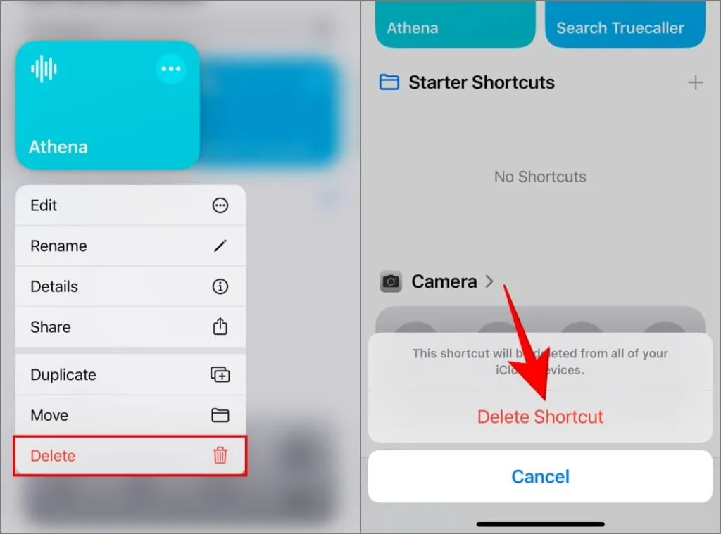 Ištrinkite sparčiųjų klavišų parinktį „iPhone“ programoje „Shortcuts“.