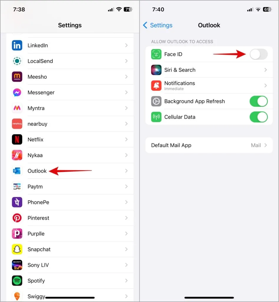 Deaktiver Face ID for Outlook på iPhone