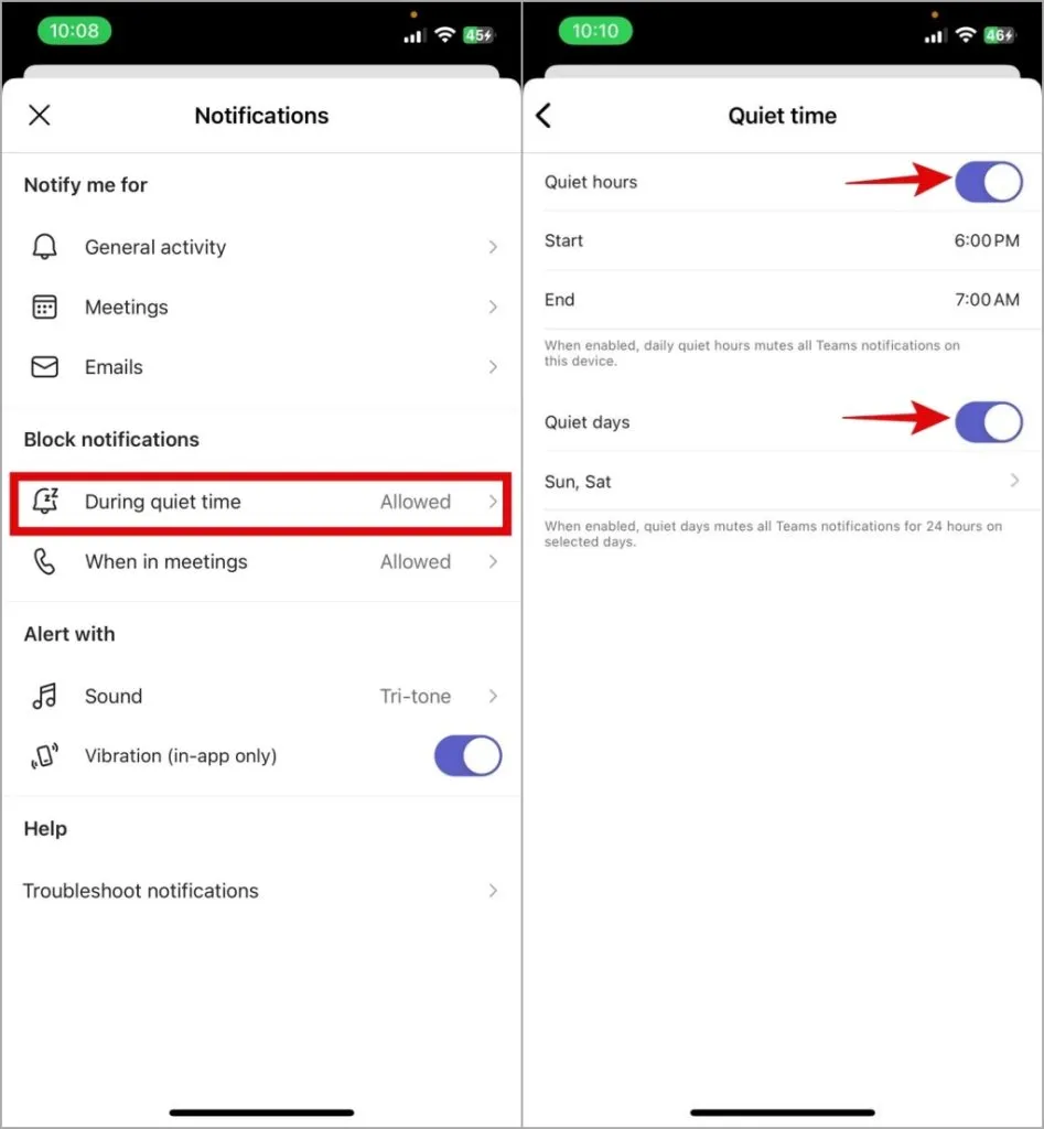 Деактивирайте Quite Hours в приложението Teams на iPhone