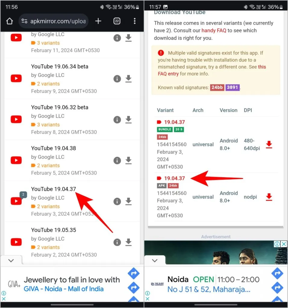 Téléchargement de l'APK YouTube depuis APKMirror