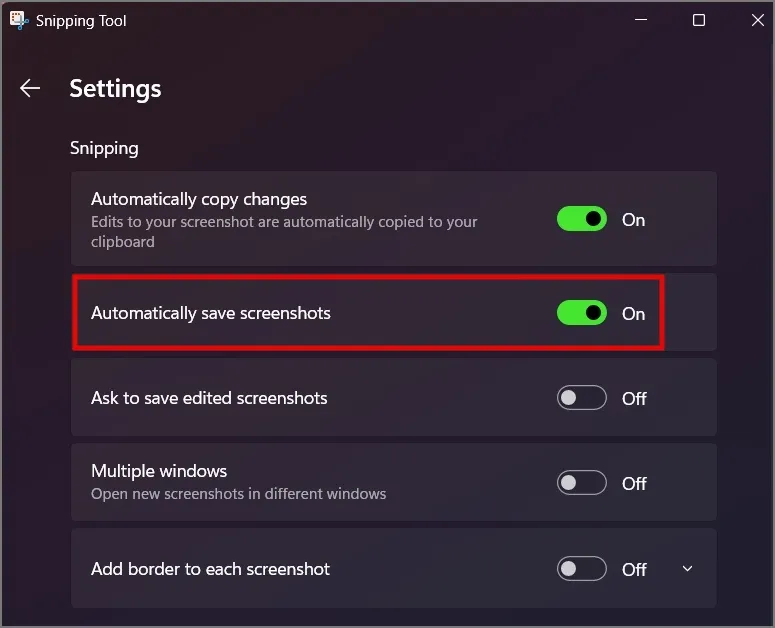 Активирайте опцията за автоматично запазване на екранни снимки в инструмента за изрязване