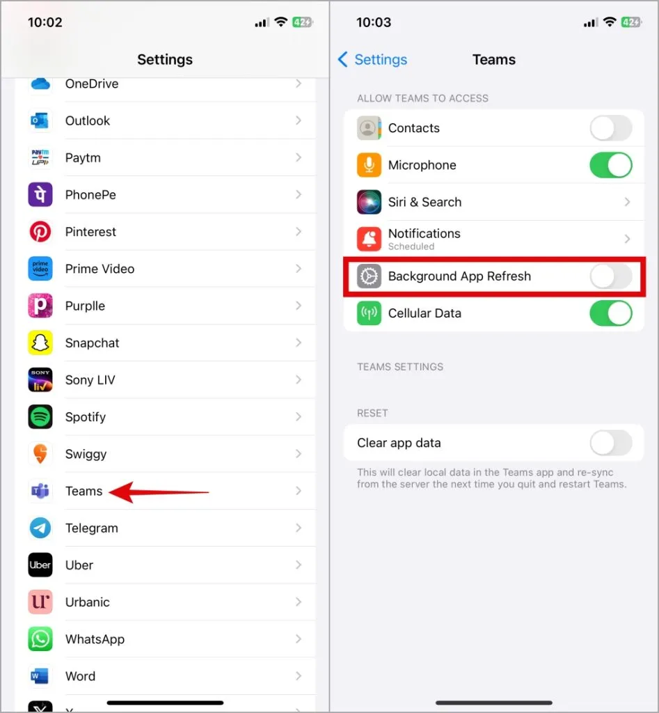 Habilitar aplicación en segundo plano Actualizar la aplicación Microsoft Teams en iPhone