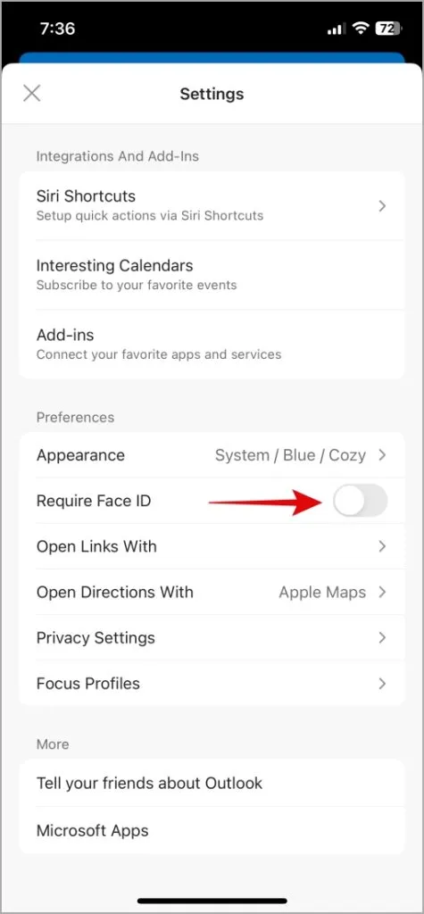 在 iPhone 上啟用或停用 Outlook 的面容 ID