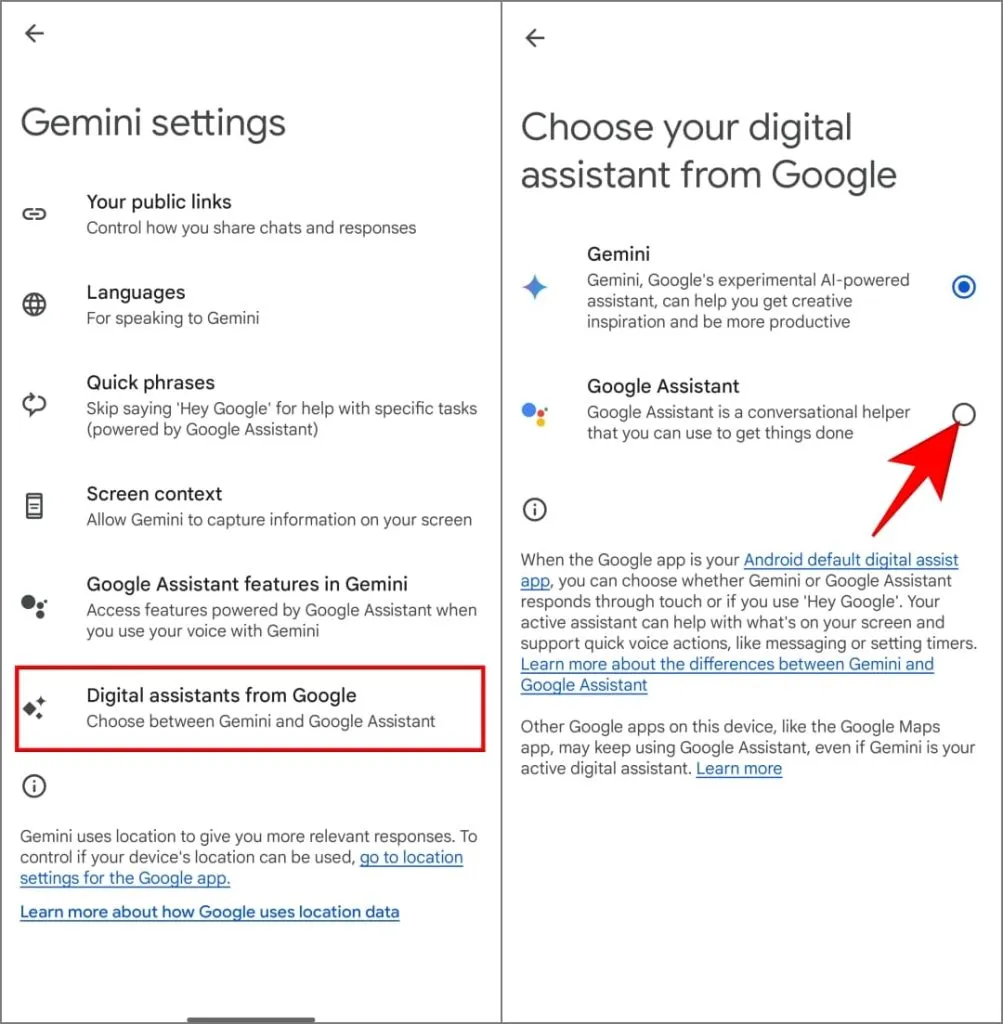 Превключване към Google Assistant от Gemini в настройките на Gemini