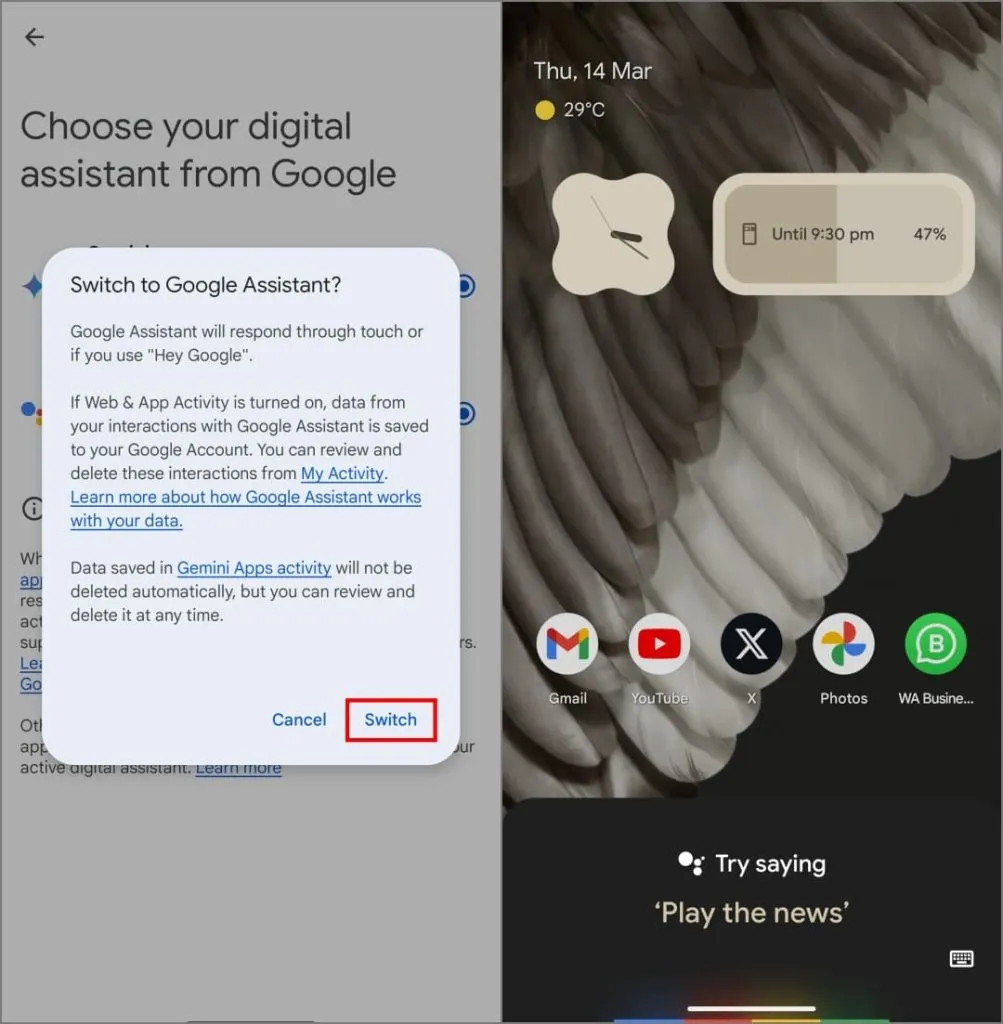 Bytter til Google Assistant fra Gemini i Gemini-innstillingene