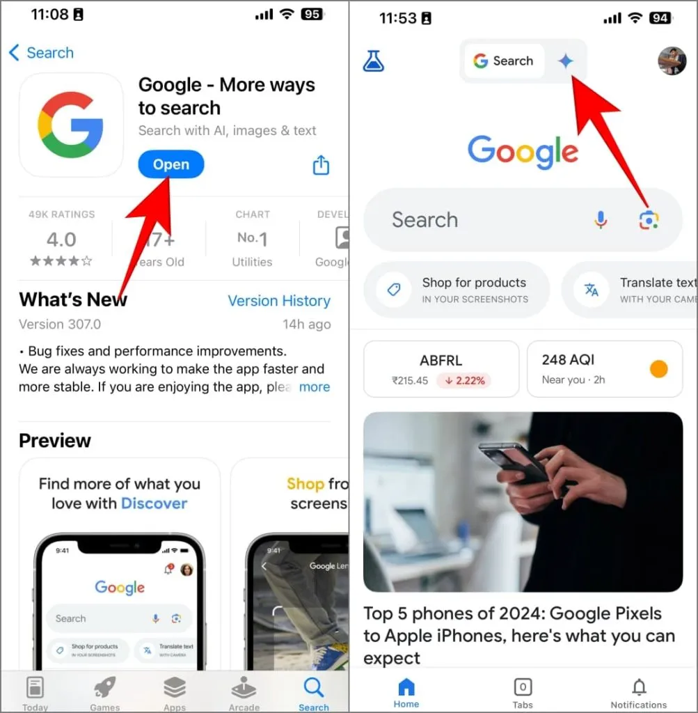 Dvynių skirtukas „Google“ programoje „iPhone“.