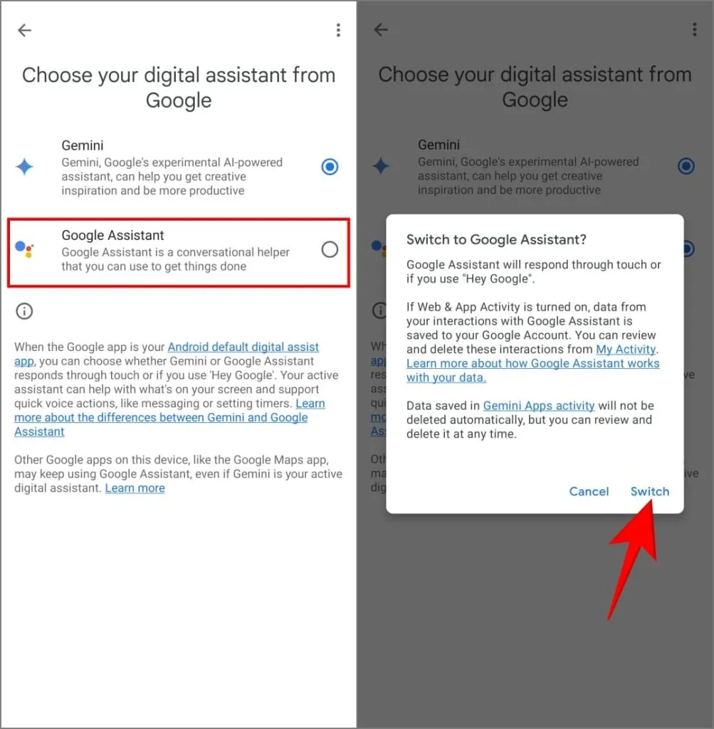 Vaihtaminen Geministä Google Assistantiin Androidin Google-sovelluksessa