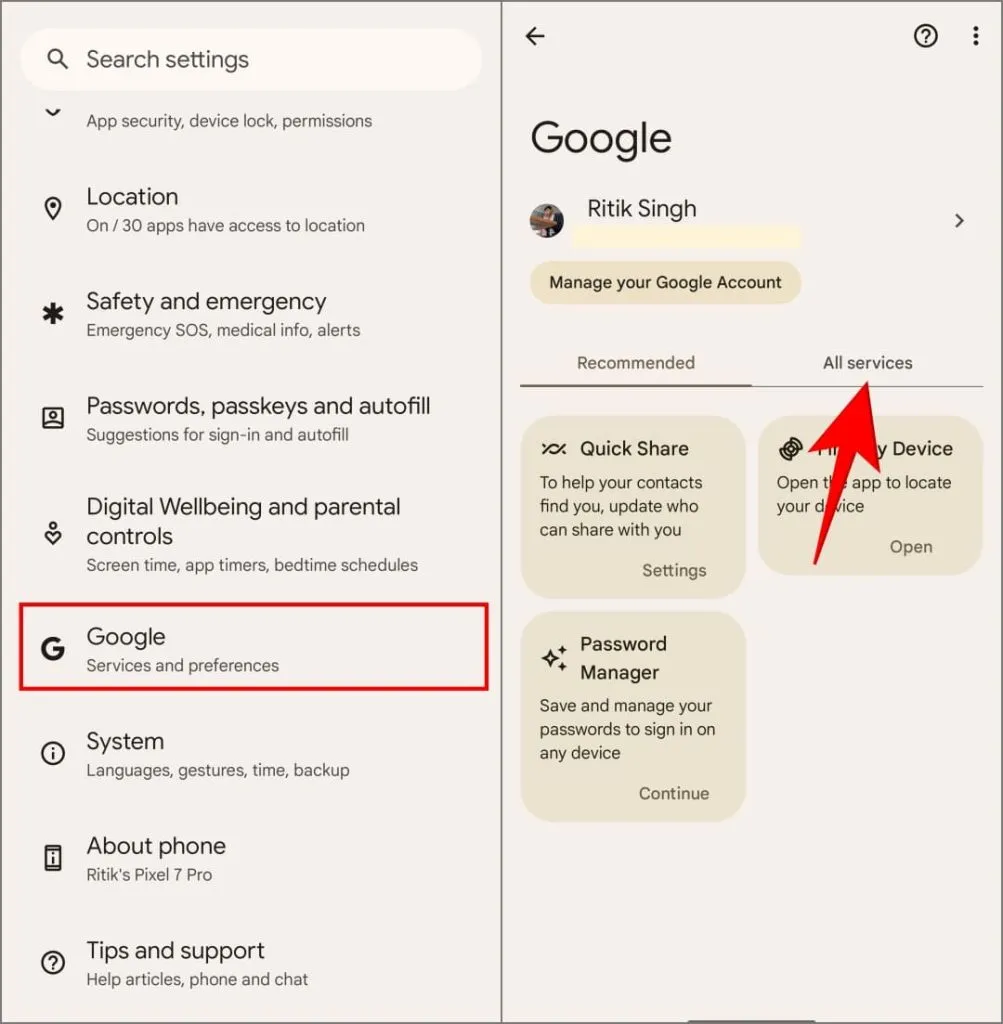 Google-asetukset Androidin Asetukset-sovelluksessa