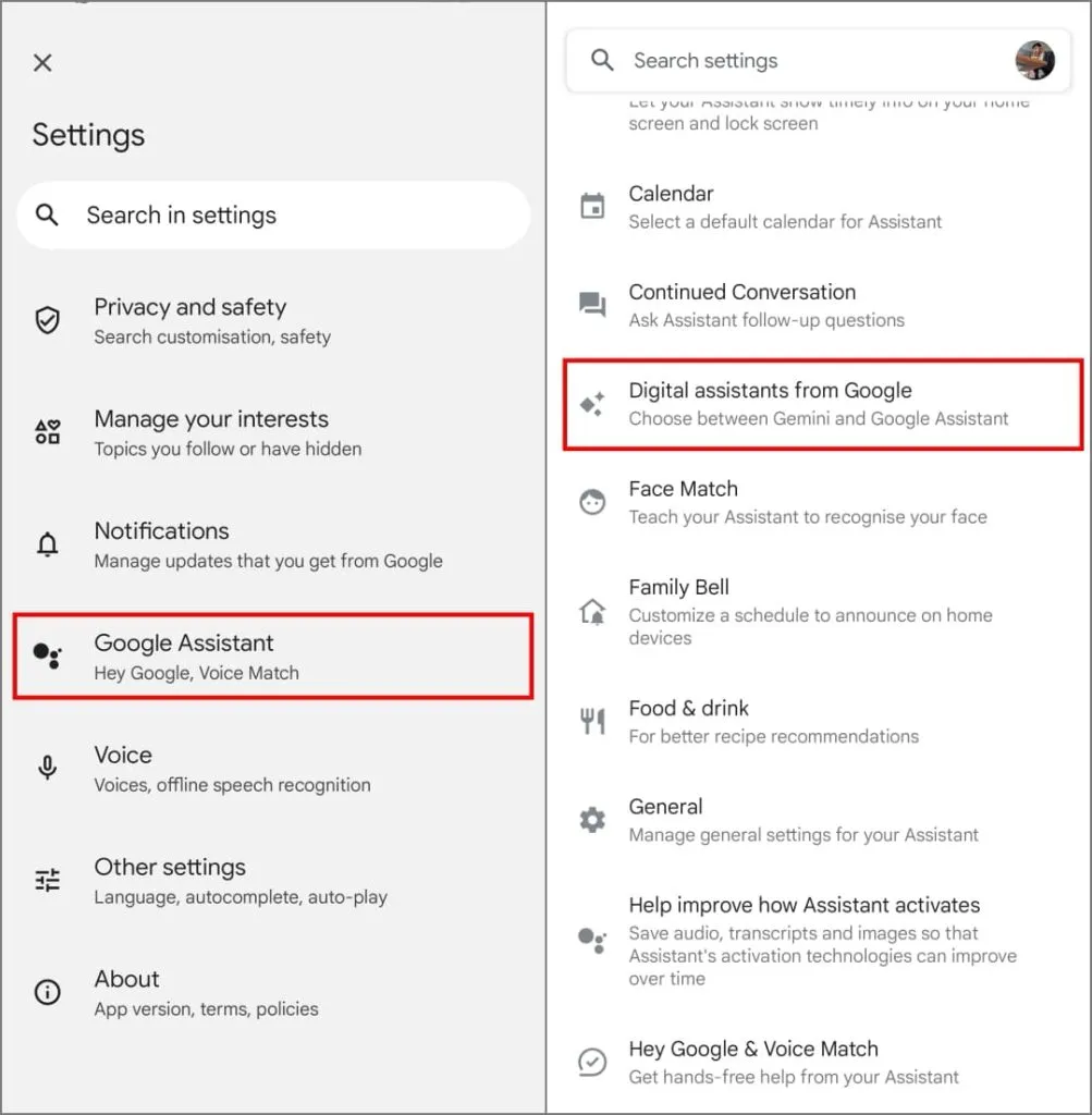 Googlen digitaaliset avustajat -vaihtoehto Androidin Asetukset-sovelluksessa