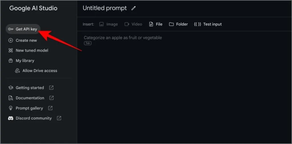 Gaukite API rakto parinktį „Google AI Studio“.