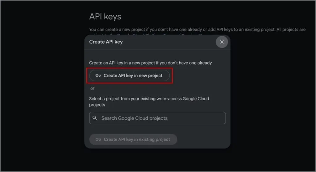 Criar chave de API em nova opção de projeto no Google AI Studio