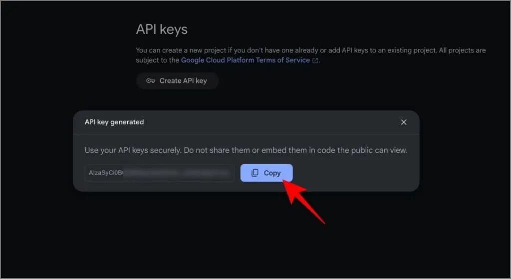 Kopioi API-avain Google AI Studiossa
