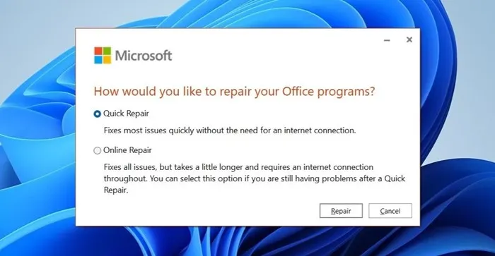 Execute a ferramenta de reparo do Microsoft Office