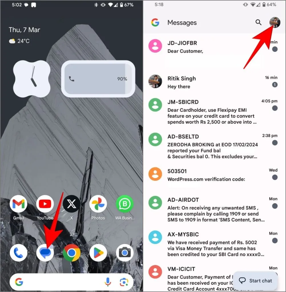 Profilbilde i Google Messages på Android