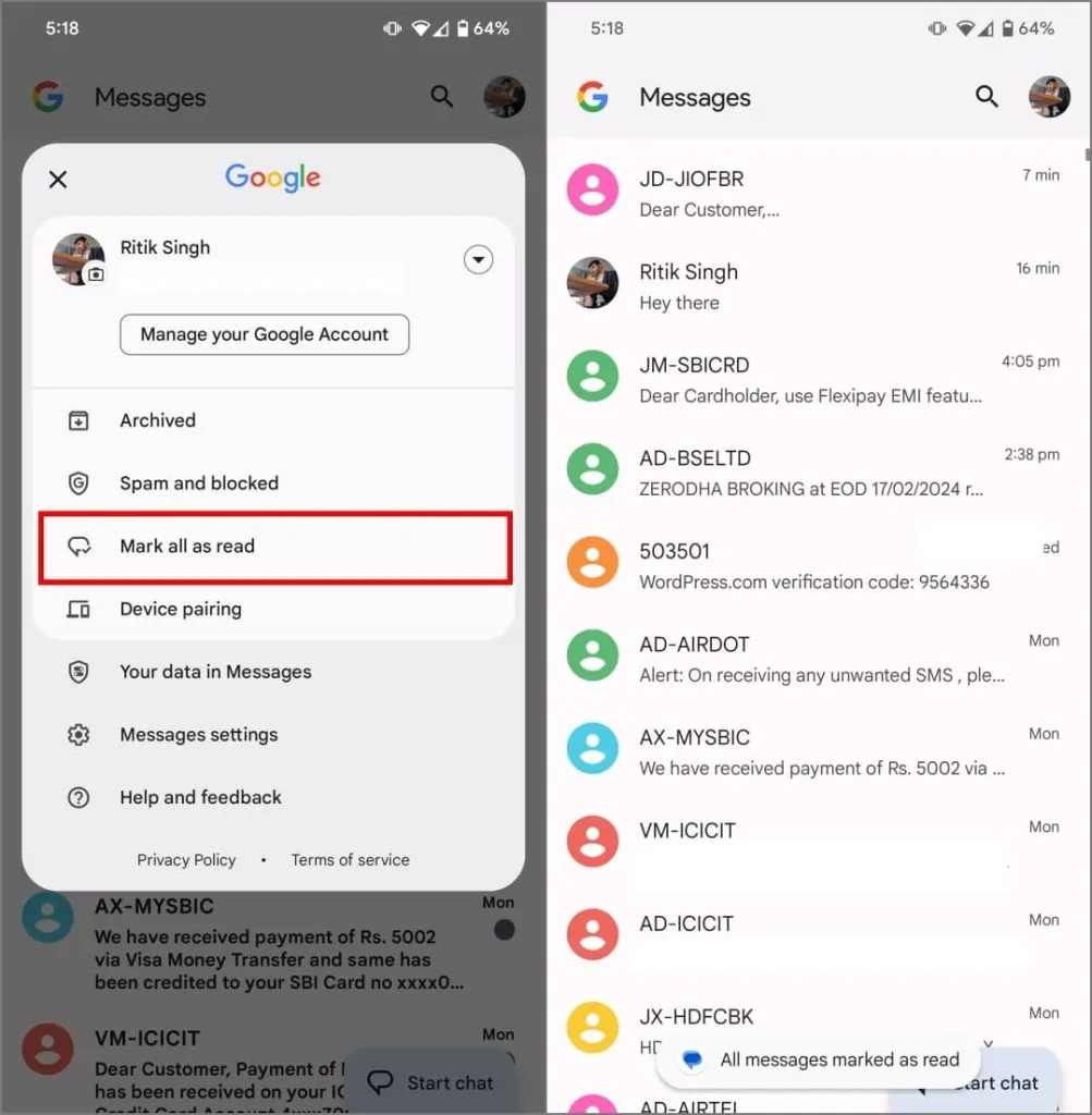 Contrassegna tutto come opzione di lettura in Google Messaggi su Android