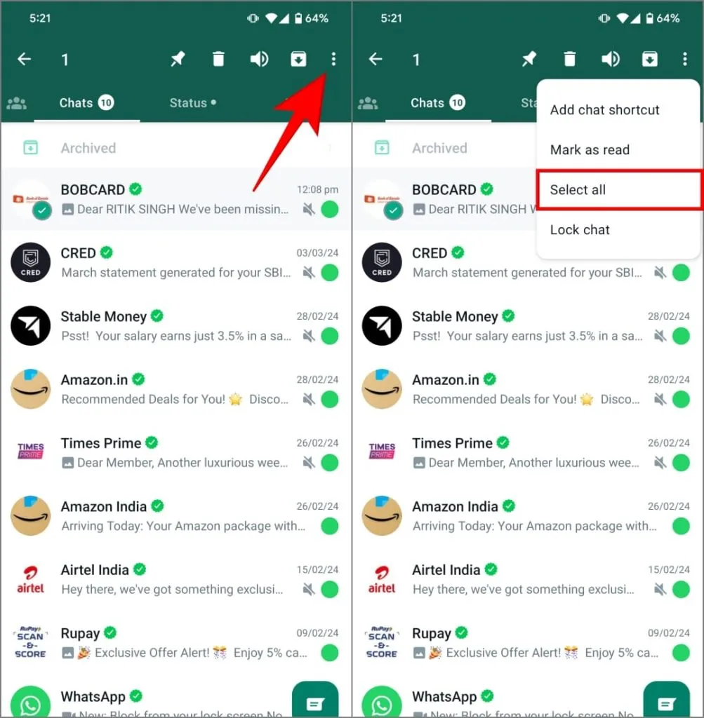 Vyberte možnost všech chatů v WhatsApp na Androidu