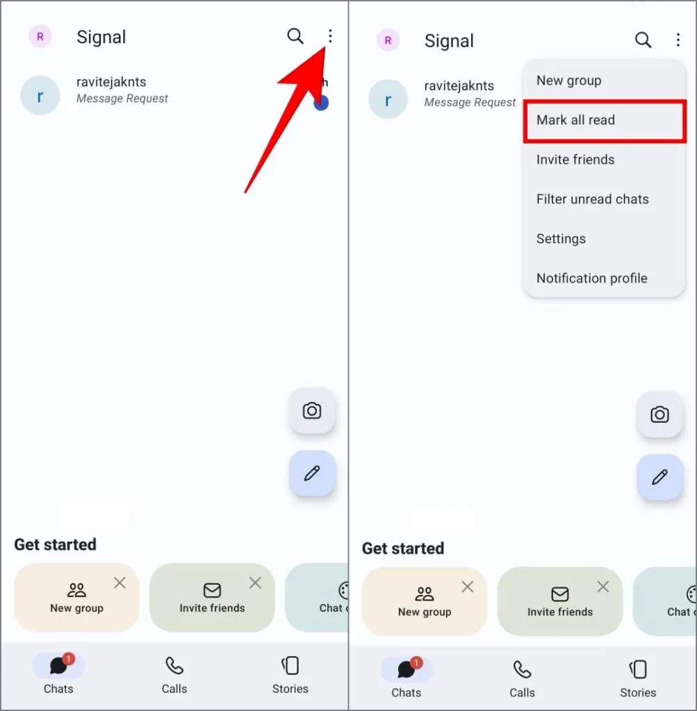 Android의 Signal Messenger에서 모든 읽기 옵션을 표시합니다.