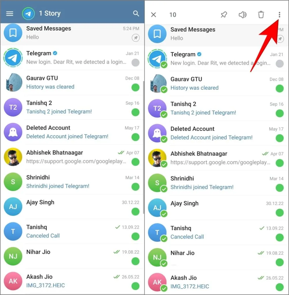 Velg alle chatter i Telegram på Android