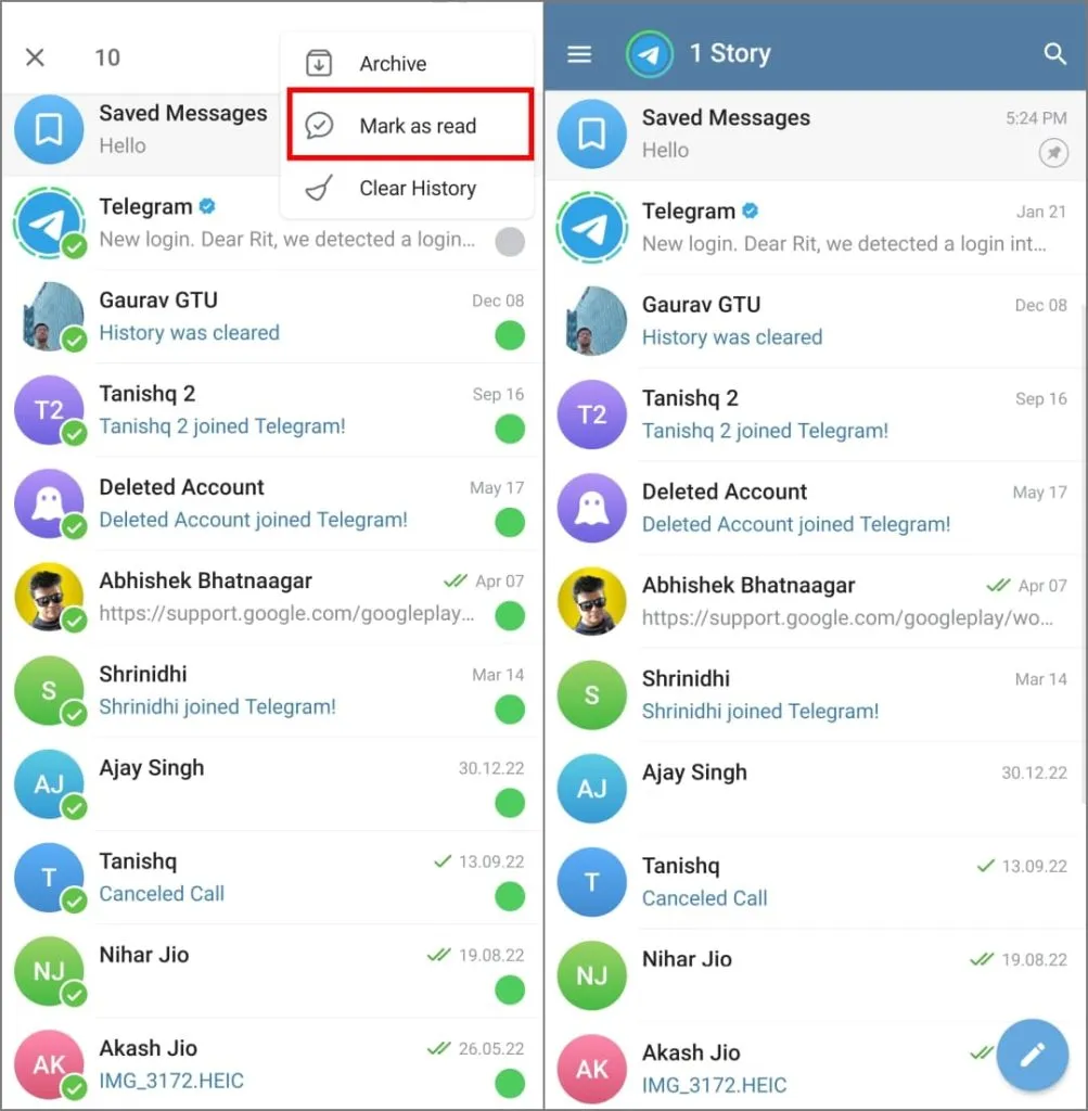 Merk som lesealternativ i Telegram på Android