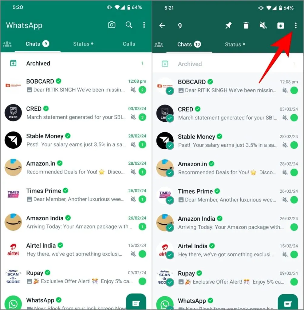 Meny med tre prikker i WhatsApp på Android