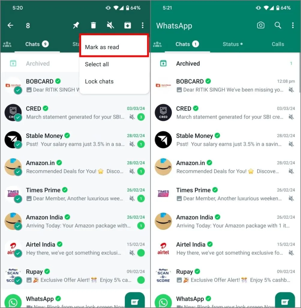 Možnost Označit jako přečtené v WhatsApp na Androidu