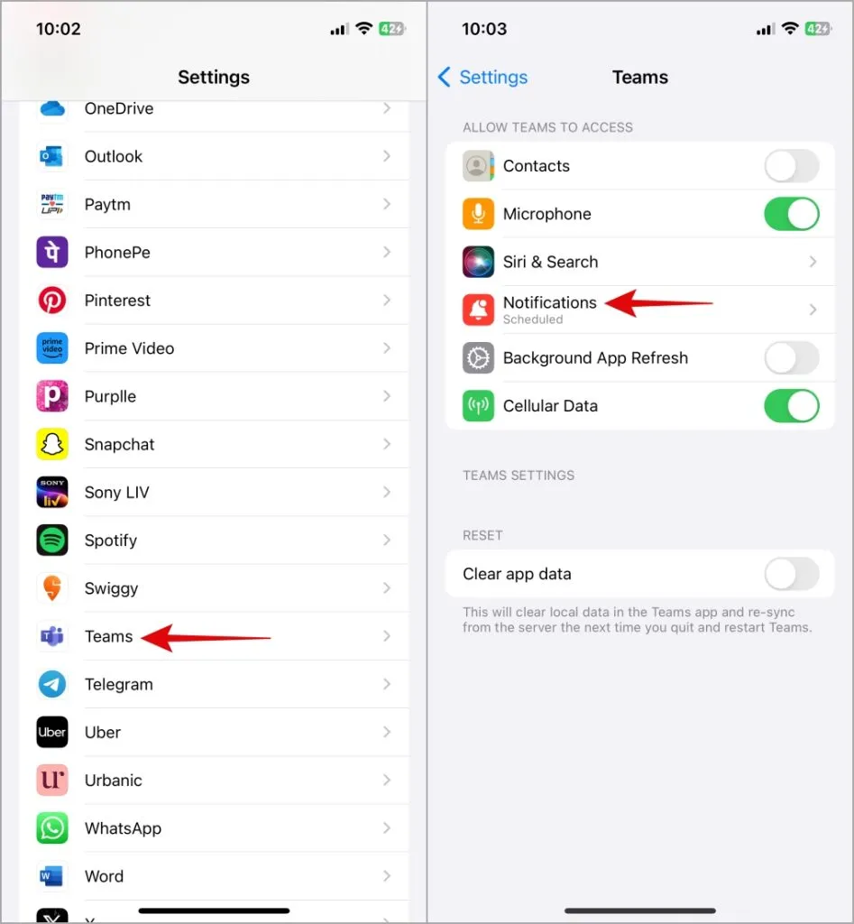 Configuración de notificaciones de la aplicación Microsoft Teams iPhone