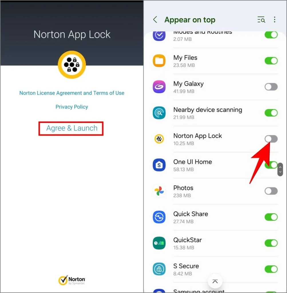 Verrouillage de l'application Norton sur le téléphone Samsung Galaxy