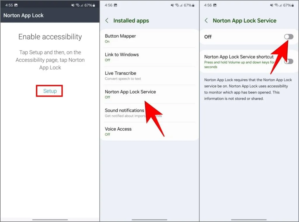 Acceso a la accesibilidad de Norton App Lock en el teléfono Samsung Galaxy