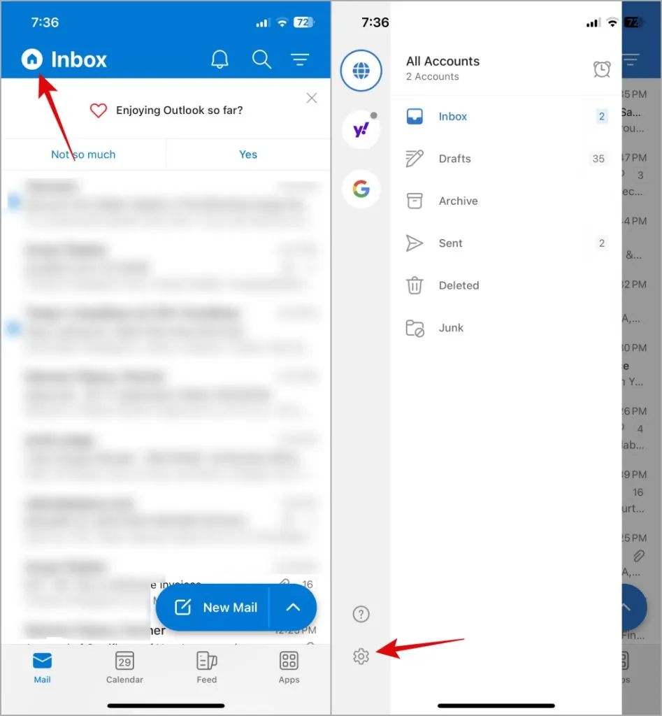 Configurações do aplicativo Outlook no iPhone