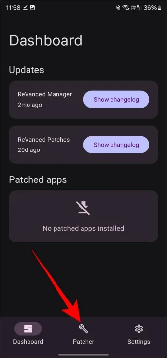 Revanced Manager アプリで Patcher を開く