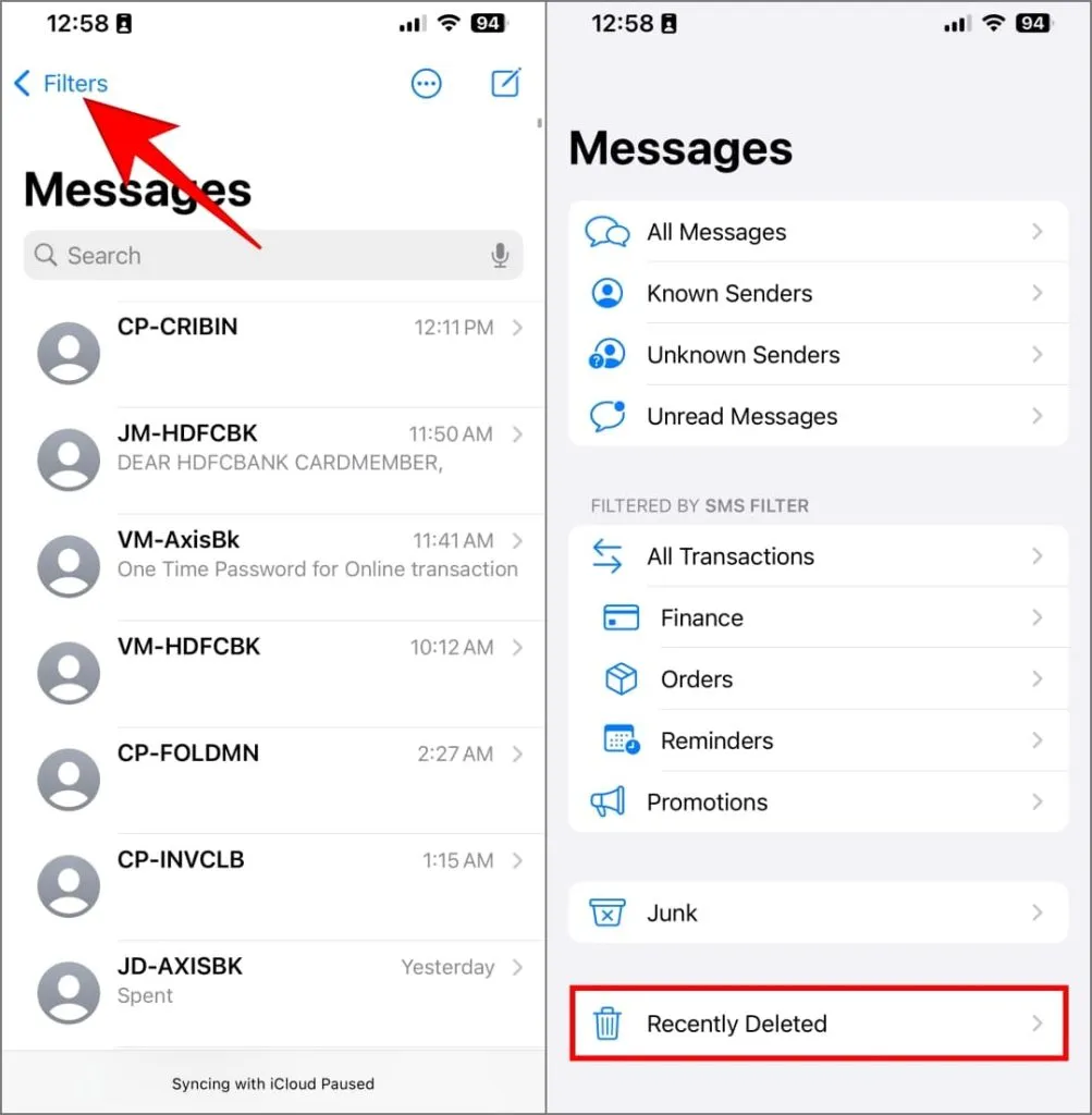 Mensagens OTP excluídas recentemente no iPhone no iOS 17